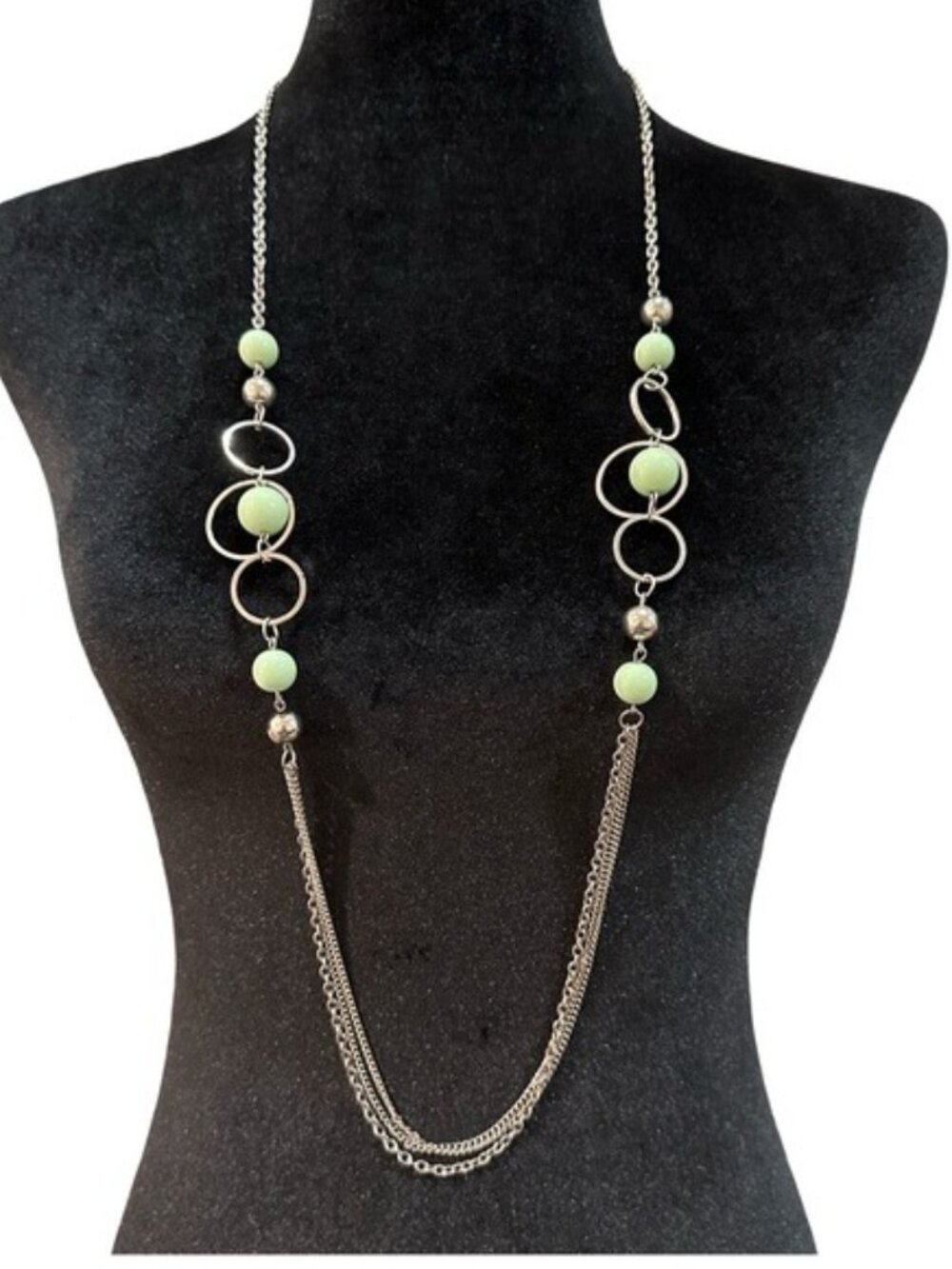 Long Silver Chain Necklace With Green Beads & Circle Accents